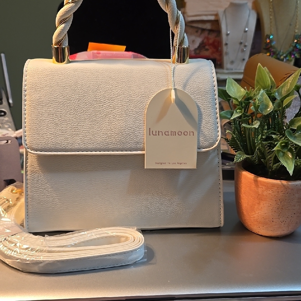 Silver and White Structured Shoulder Bag with Flap Closure
